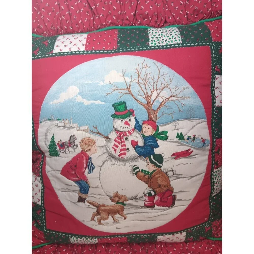Vintage Handmade Ruffle Christmas Pillow Kitschy Quilted Square Snowman